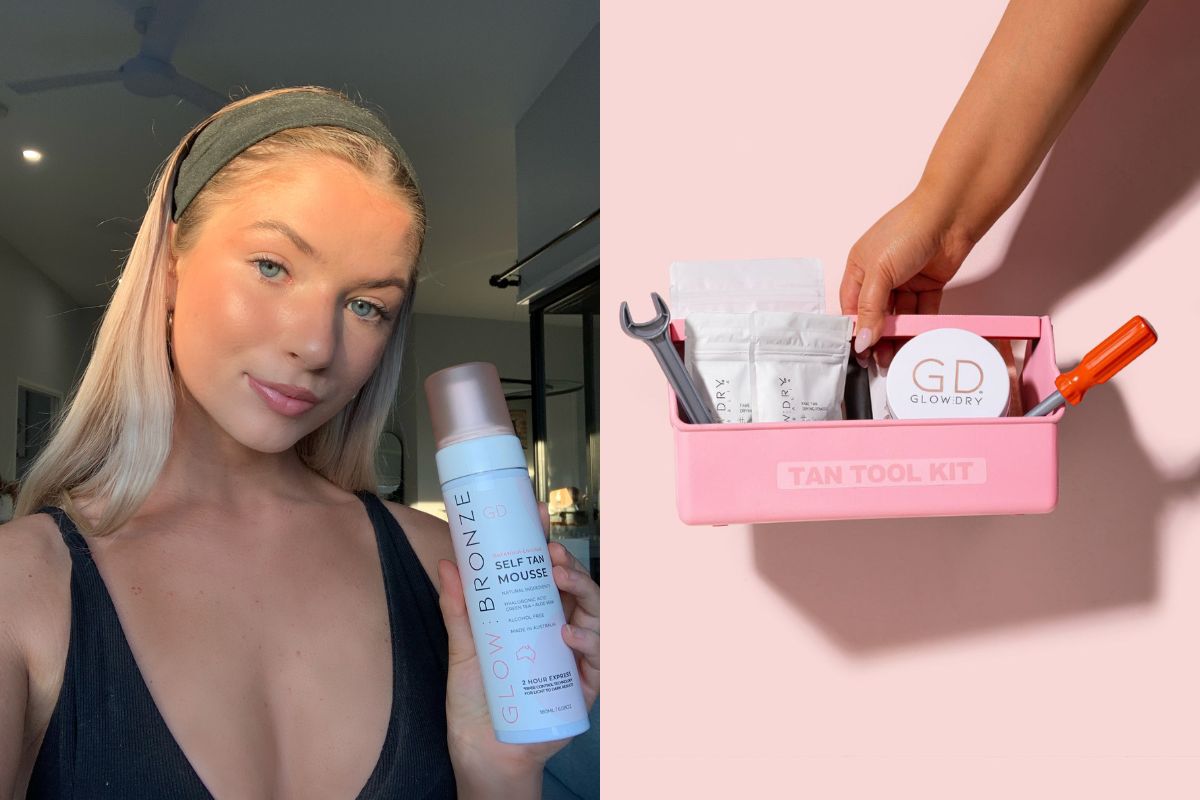 GlowDry self tan mousse and image of a tooklkit with glowdry self tan drying powder inside  on a pale pink background