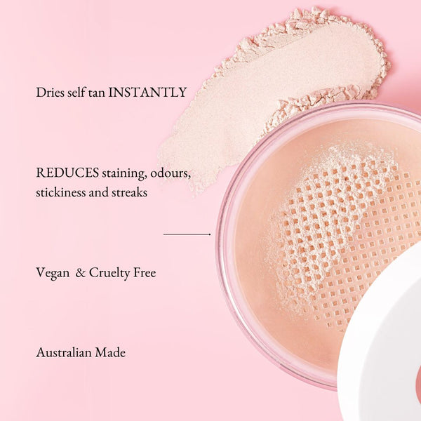 self tan drying powder outcome and benefits highlighted, less stains, vegan and Australian made