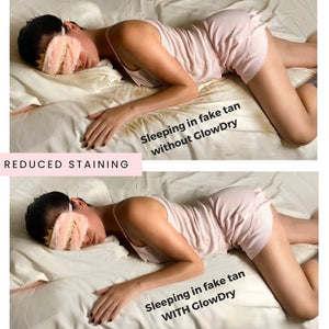 glowdry self tan drying powder image shows woman with and without stained bed sheets from self tanning