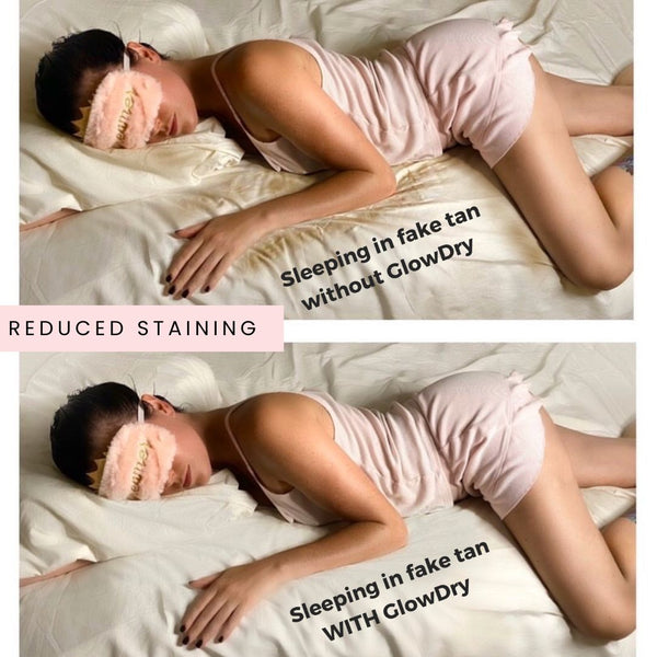 glowdry self tan drying powder image shows woman with and without stained bed sheets from self tanning