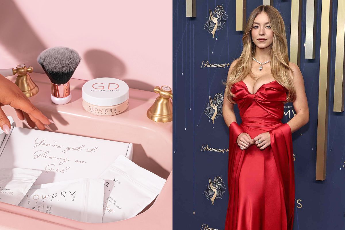 glowdry fake tan drying powder Sydney Sweeney Emmys 2025 red carpet spray tan