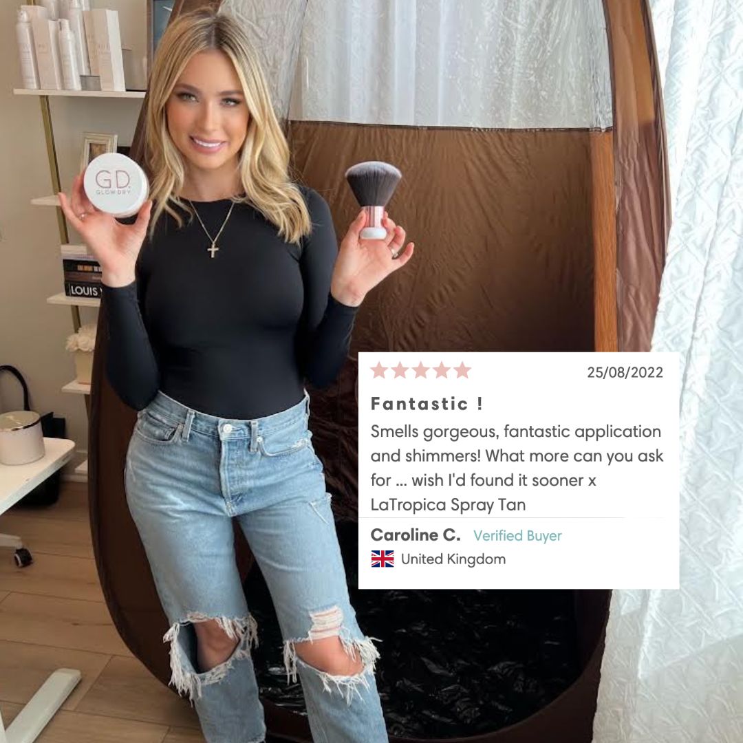 GlowDry Australia Fake Tan Drying Powder Isabel Alyssa celebrity spray tan artist hold glowdry tan setting powder in her hand in front of her spray tan tent and there is a customer review for our PRO GLOW bundle for professional spray tan artists