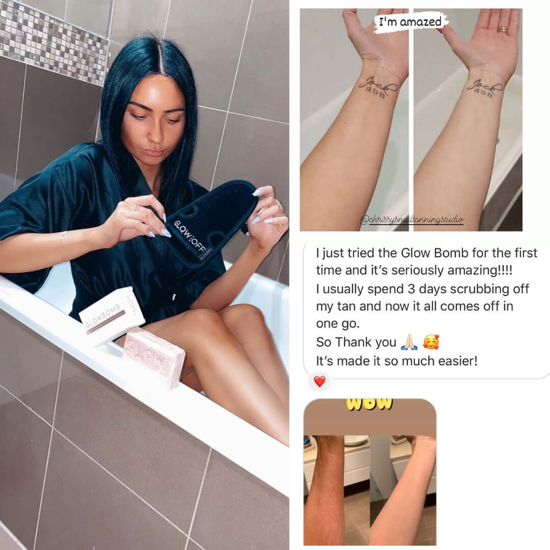 Fake Tan Remover Bathtub Bath Bomb before and after - GlowBomb by GlowDry Australia