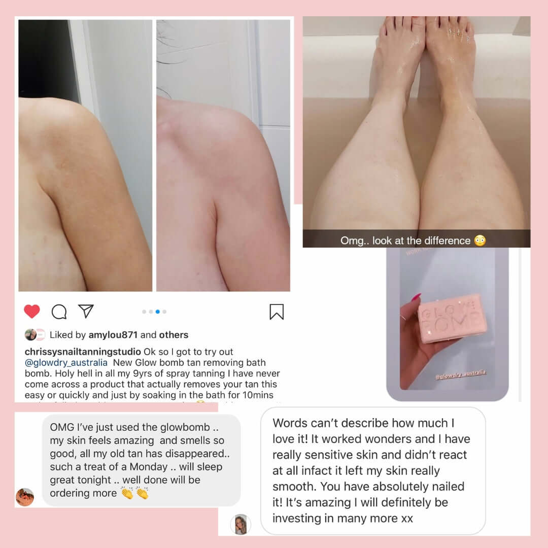 Fake Tan Remover Bathtub Bath Bomb before and after - GlowBomb by GlowDry Australia