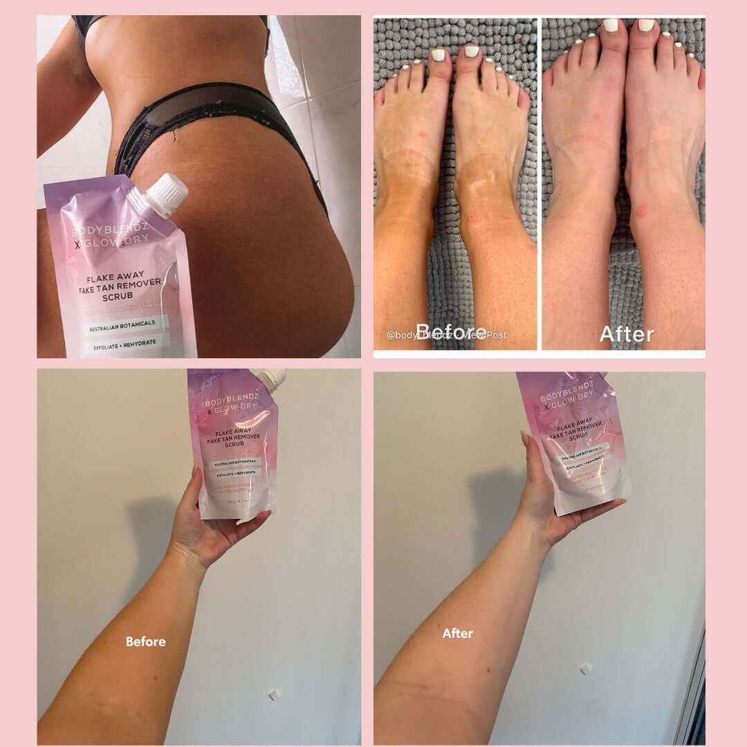 Fake Tan Remover Scrub before and after - Flake Away by BodyBlendz and GlowDry Australia