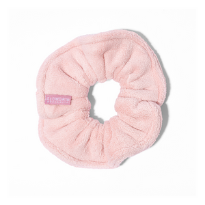 Glowdry luxe terry towel scrunchie with glowdry pink logo