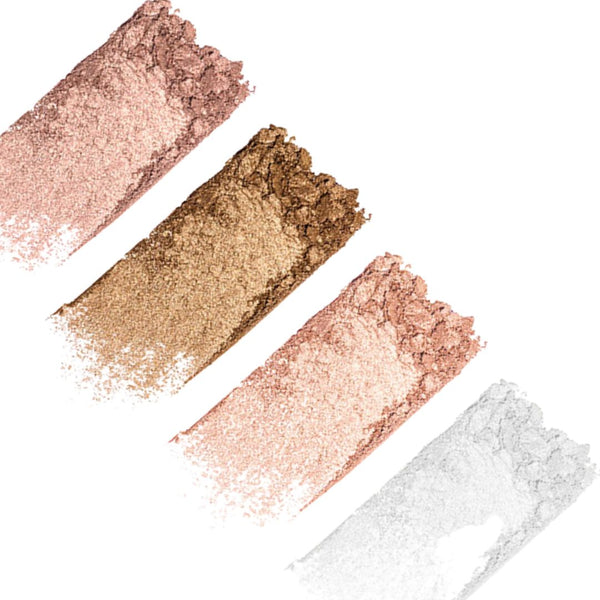swatches of four different shades of illuminating minerals  infused with vitamin E and austalian joboba swatched on a white background
