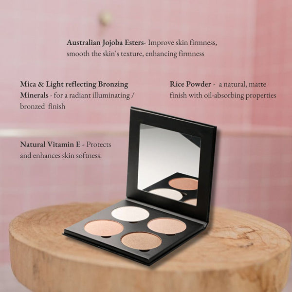 illuminating palette by GlowDry with ingredients listed on a pink background