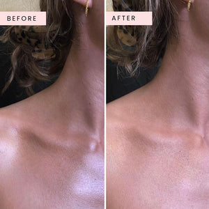 glowdry self tan drying powder result son model showing stocky wet self tanned skin versus a dry matte finish to the models skin