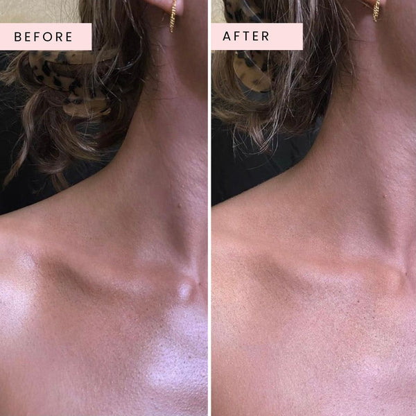 glowdry self tan drying powder result son model showing stocky wet self tanned skin versus a dry matte finish to the models skin