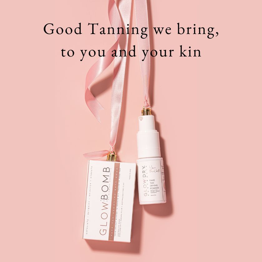 glowdry tanning product with a pink ribbon on a pink background - tanning gift guide glowdry