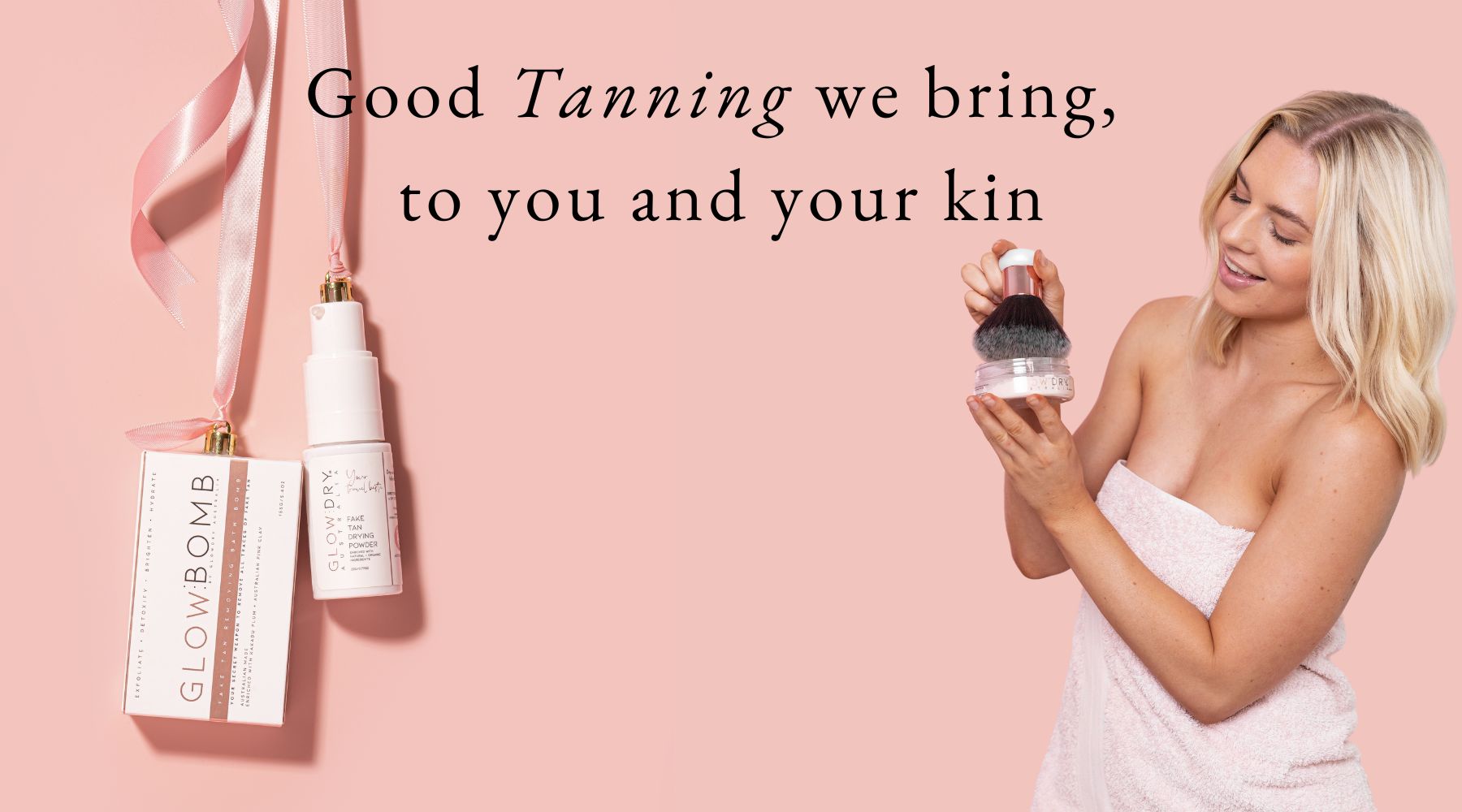 Woman holding tanning product with 'Glow Bomb' text on a pink background gift guide