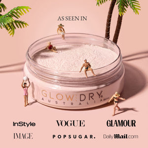glowdry self tan drying powder as seen in Vogue, Instyle Magazine, Glamour Magazine, Image Magazine and Daily Mail with all logos showing