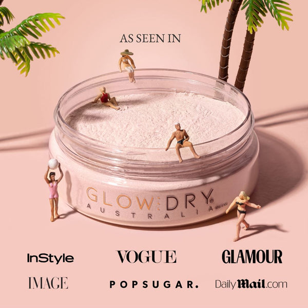 glowdry self tan drying powder as seen in Vogue, Instyle Magazine, Glamour Magazine, Image Magazine and Daily Mail with all logos showing