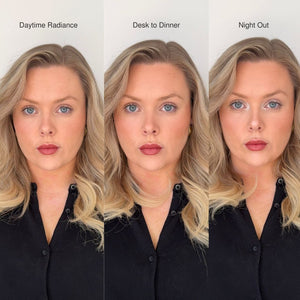 Three different illuminating looks for a woman with blonde hair and blue eyes, labeled 'Daytime Radiance', 'Desk to Dinner', and 'Night Out'.