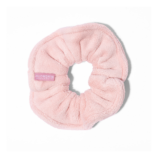 Glowdry luxe terry towel scrunchie with glowdry pink logo