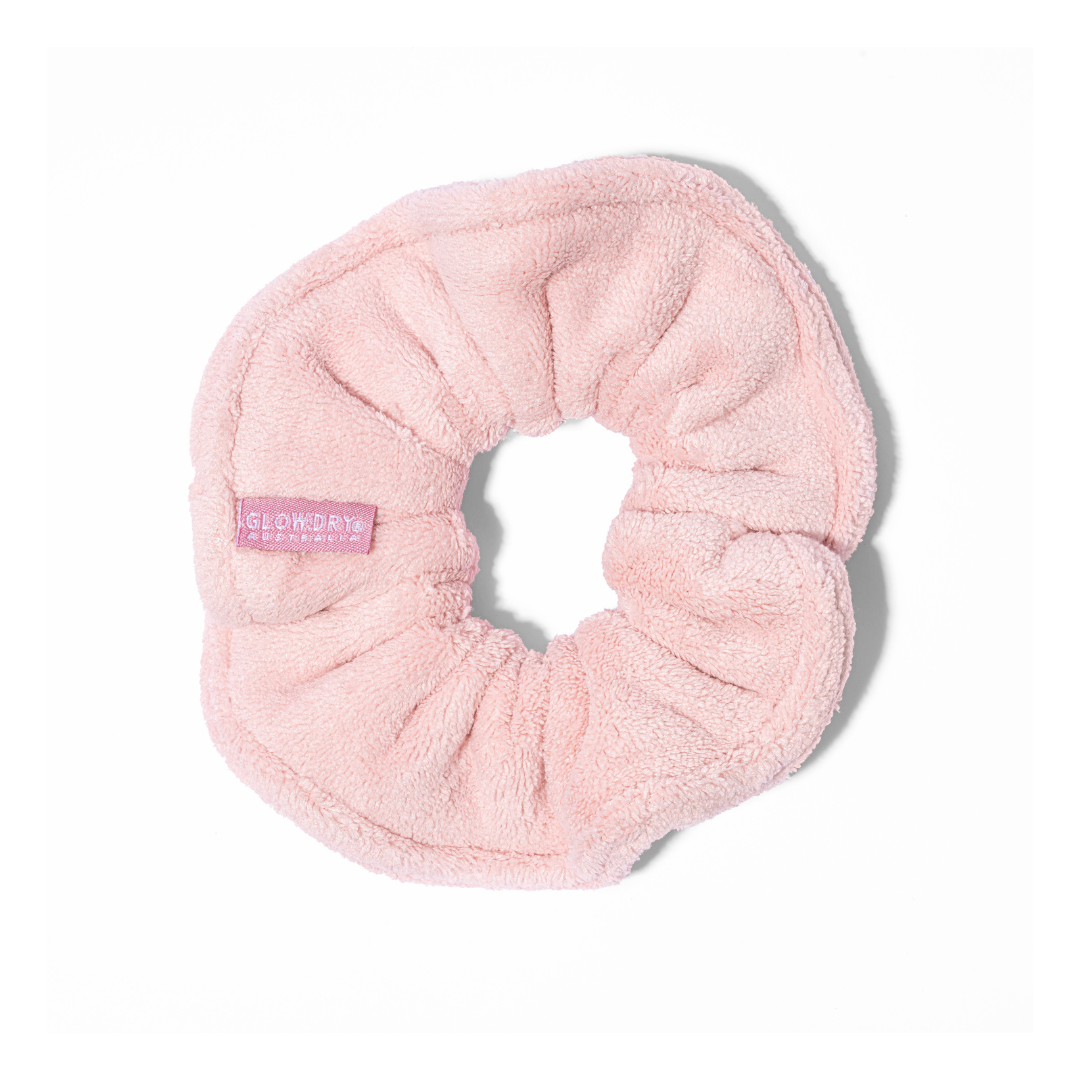 Glowdry luxe terry towel scrunchie with glowdry pink logo